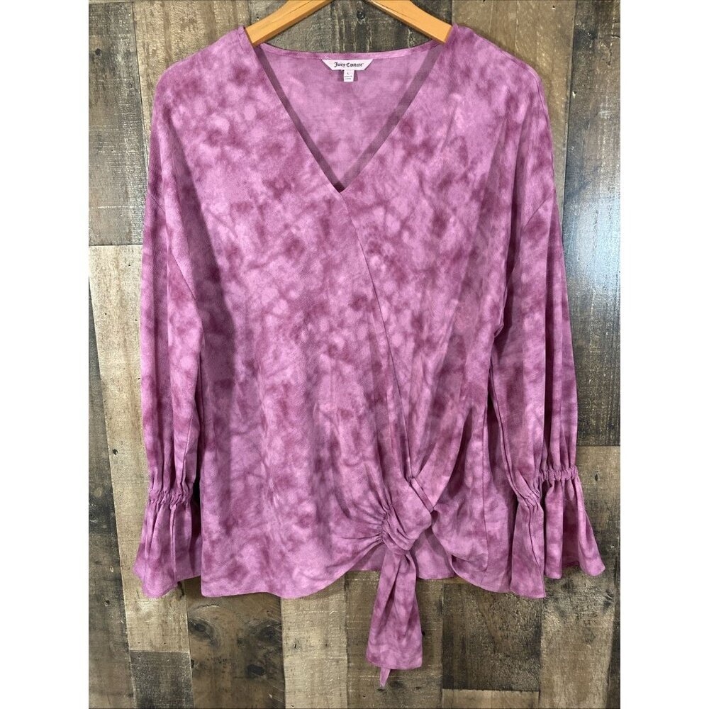 Juicy Couture Top Women Sz L Pink Tie Dye V-Neck Long Sleeve Ruffle Blouse